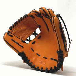 lassic 11 inch baseball glove is made with orange stiff American Kip leather, black bindi