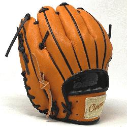 1 inch baseball glove is made with orange stiff American Kip leather, black binding, a