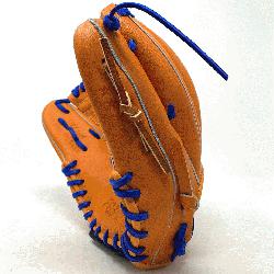 c 11 inch baseball glove is made with orange stiff American Kip leather, royal tanner