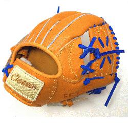  11 inch baseball glove is made with orange stiff American Kip leather, royal 
