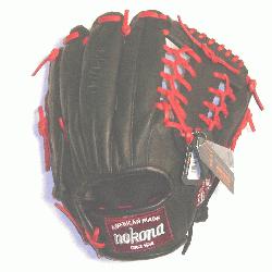 Nokona professional steerhide baseball glove with red laces, modified trap web, and open