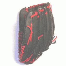 professional steerhide baseball glove with red laces, modified trap web, and open back.<