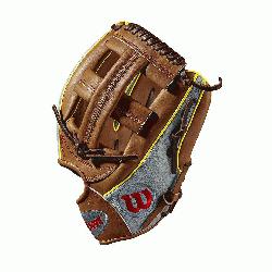 GM for Dustin pedroia; Cross web Grey SuperSkin with saddle tan and yellow go