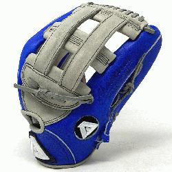  pattern baseball glove from Akadema has an H-Web, open back, deep pocket, royal blue back, and gr