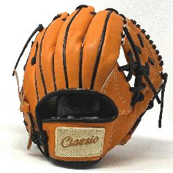 c 11 inch baseball glove is made with orange stiff American Kip leather, black binding, and