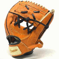 lassic 11 inch baseball glove is made with orange stiff American Kip leather with black and