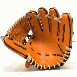 c 11 inch baseball glove is made with orange stiff American Kip leather with black and camel laces.