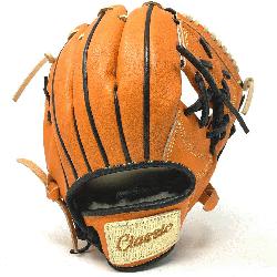 11 inch baseball glove is made with orange stiff American Kip leather with black and camel laces. 