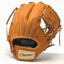  11 inch baseball glove is made with orange stiff American Kip leather.