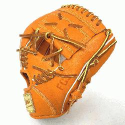  11 inch baseball glove is made with orange stiff Amer