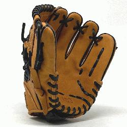  11 inch baseball glove is made with tan stiff American Kip leather, black binding, and rough wel