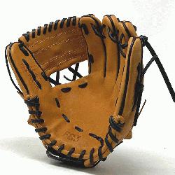 c 11 inch baseball glove is made with tan stiff American Kip leather, black binding, and rough 
