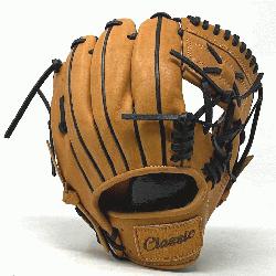 lassic 11 inch baseball glove is made with tan stiff American Kip leather, black binding, 