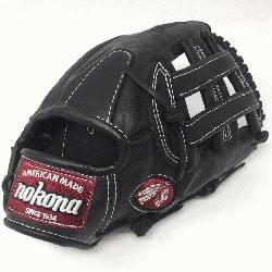 reminum steerhide black baseball glove with white stitching and h web. The Nokona Legend Pro is a