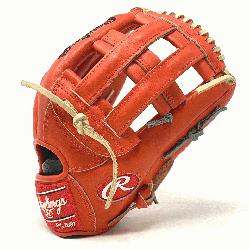  Exclusive in Rawlings Heart of the Hide Red-Orange leather. 42 pattern, 12.75 inch, camel lace.