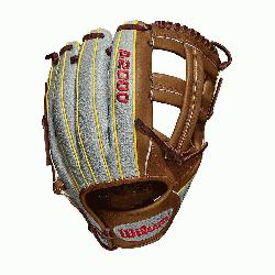 M for Dustin pedroia; Cross web Grey SuperSkin with saddle tan and yellow gold Pro Stock lea