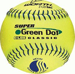 These 12 slowpitch softballs have red stitching and a
