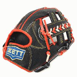 ZETT Pro Model 12 inch Black/Red Wide Pocket Infielder Glove ZETT Pro Model Baseball Glove Series 